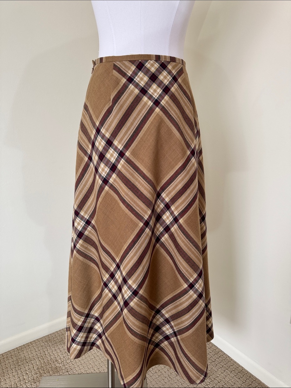 Talbots Wool Plaid Bias Cut A-Line Midi Skirt Brown Tan Old Money Size 4 - Picture 3 of 7